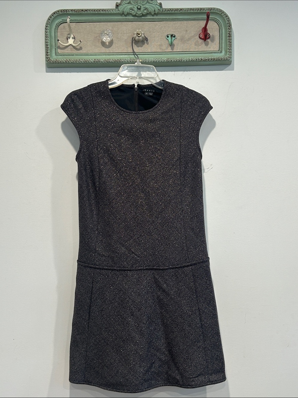 Theory Wool grey Tweed Cap-Sleeve metallic drop waist Mini Dress women’s size 8